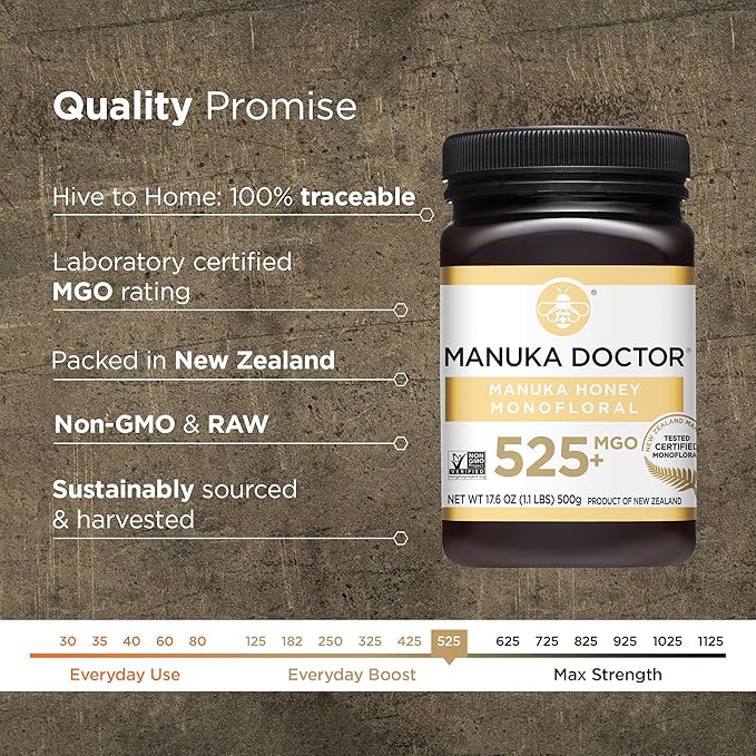 Manuka Doctor - MGO 525+ Manuka Honey Monofloral, 100% Pure New Zealand Honey. Certified. Guaranteed. Raw. Non-GMO (17.6 oz)