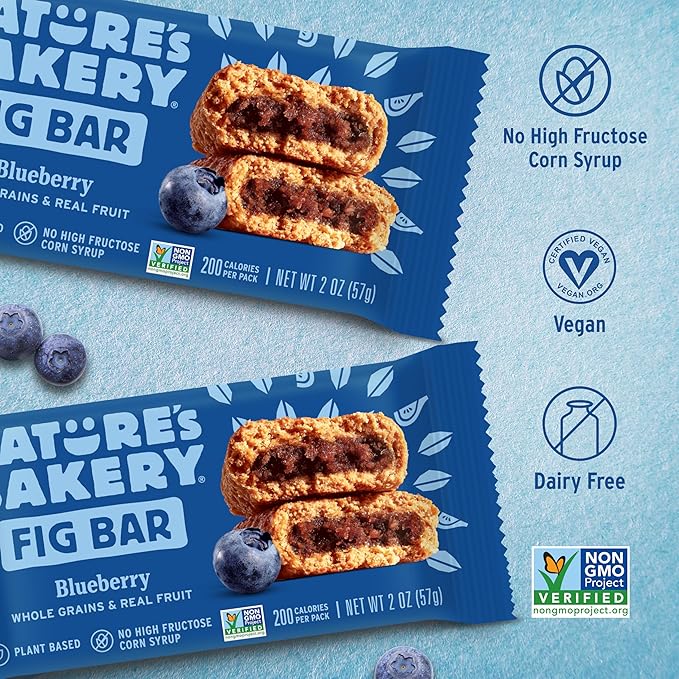 Nature’s Bakery Whole Wheat Fig Bars, Blueberry, Real Fruit, Vegan, Non-GMO, Snack bar, 6 Count (Pack of 6)