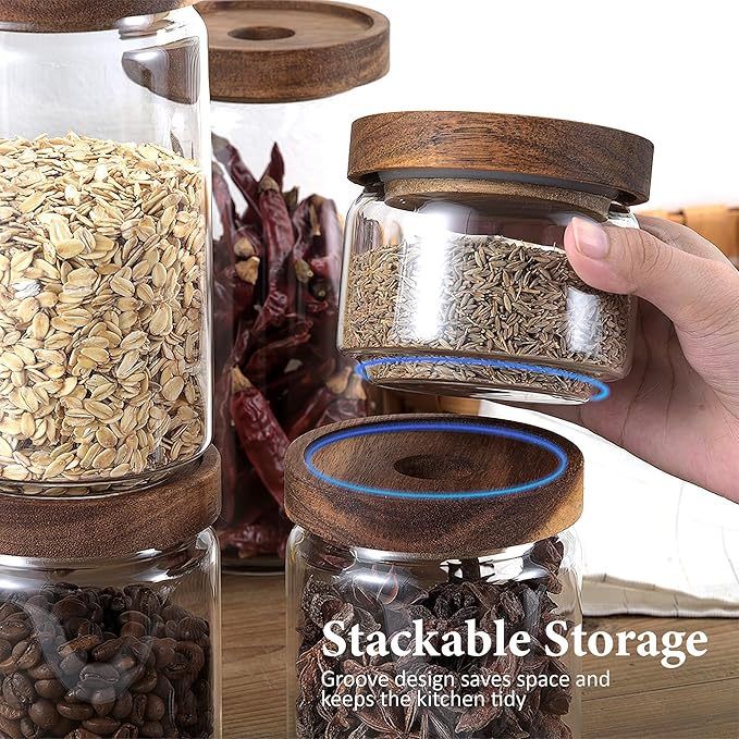 720ML/24Oz Clear Cute Glass Storage Canister Holder with Stackable Airtight Wood Lid, Modern Decorative Container Jar for Coffee, Spice, Candy, Salt, Cookie, Condiment, Pepper, Sugar