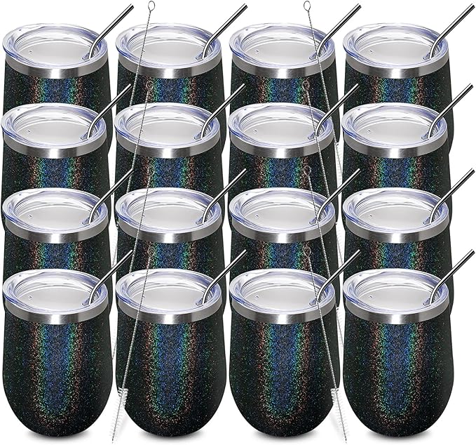 MEWAY 12oz/16 Pack Wine Tumbler Glasses with Lid - Stemless Double Wall Vacuum Stainless Steel Glitter Tumbler - Keeping Cold & Hot Cup for Coffee,Gift for Women(Rainbow Black,Set of 16)