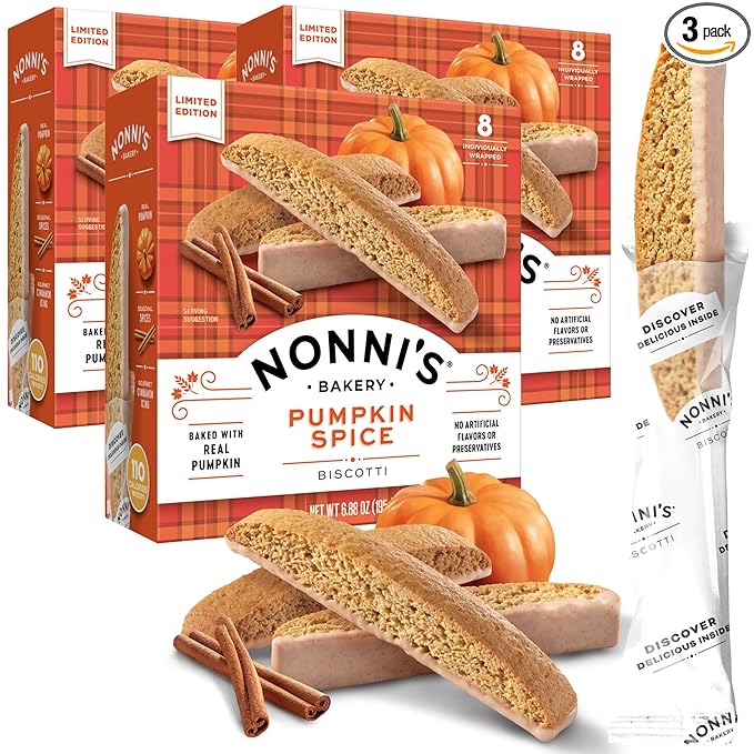 Nonni's Pumpkin Spice Biscotti Holiday Cookies - 3 Boxes Pumpkin Cookies - Pumpkin Biscotti w/Cinnamon Icing - Biscotti Individually Wrapped Pumpkin Spice Cookies - Kosher Coffee Cookies 6.88 oz