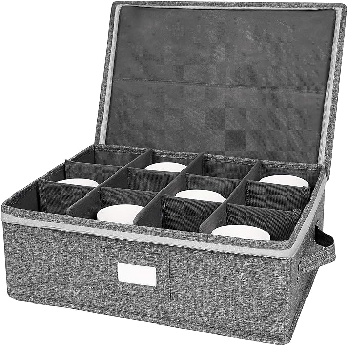 popoly Cup and Mug Storage Box, China Cup Storage Containers Chest with Zipper Lid and Handles, Holds 12 Coffee Mugs and Tea Cups, Hard Shell and Stackable (Grey)