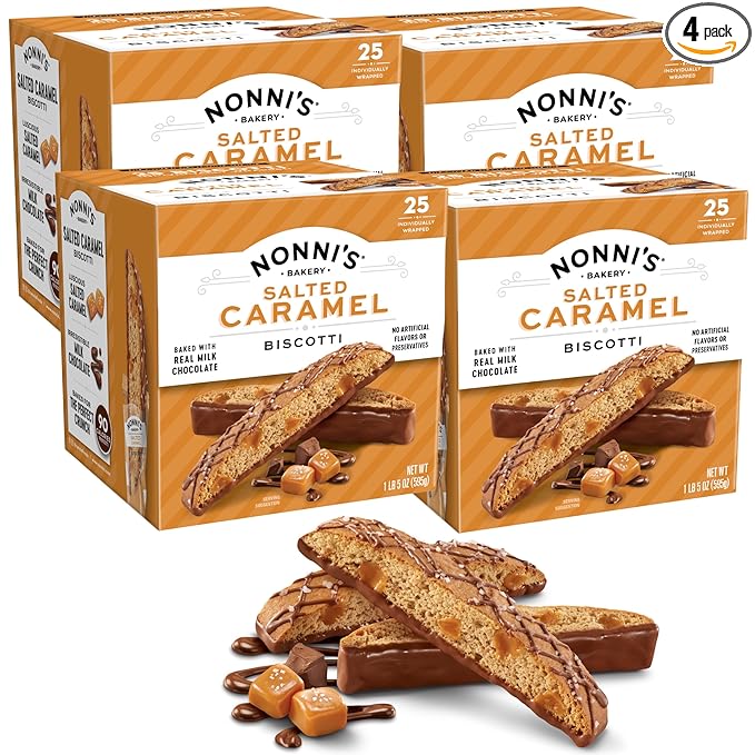 Nonni's Salted Caramel Milk Chocolate Biscotti Cookies — Individually Wrapped Italian Coffee Snack, Crunchy Twice-Baked, 90 Cal Each, 21 oz Carton, 4 Pack