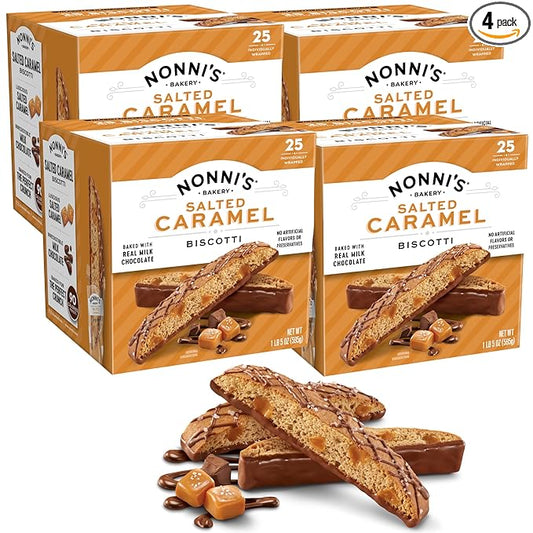 Nonni's Salted Caramel Milk Chocolate Biscotti Cookies — Individually Wrapped Italian Coffee Snack, Crunchy Twice-Baked, 90 Cal Each, 21 oz Carton, 4 Pack