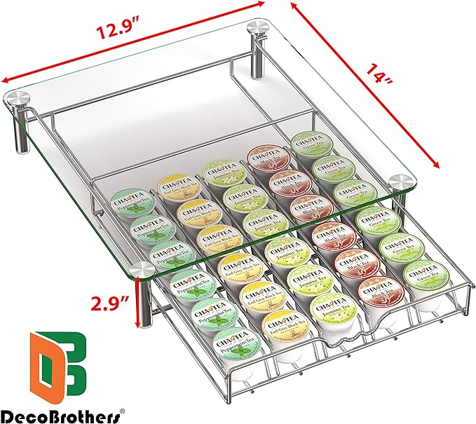 Deco Brothers Crystal Tempered Glass K-Cup Holder Drawer for 30 Coffee Pods Storage, Chrome