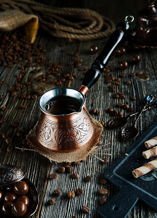 DEMMEX Thickest Copper Turkish Greek Arabic Coffee Pot, Stovetop Coffee Maker, Cezve Ibrik Briki with Wooden Handle & Spoon, Hand Engraved (Matte Copper, 9 Ounces)
