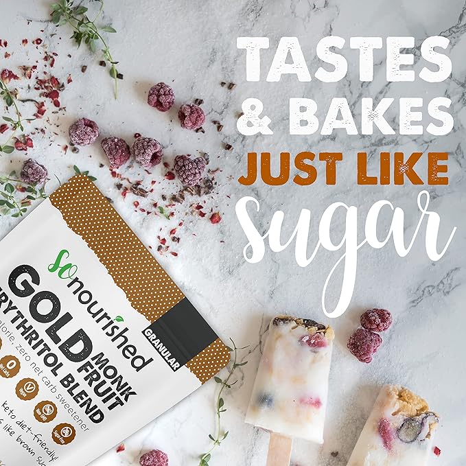 So Nourished GOLD - Brown Sugar Alternative Substitute 1:1 Sugar Replacement - Monk Fruit Erythritol Sweetener for Low Carb Dieters and Diabetics - No Calorie Sweetener, Non-GMO (1 Pound)