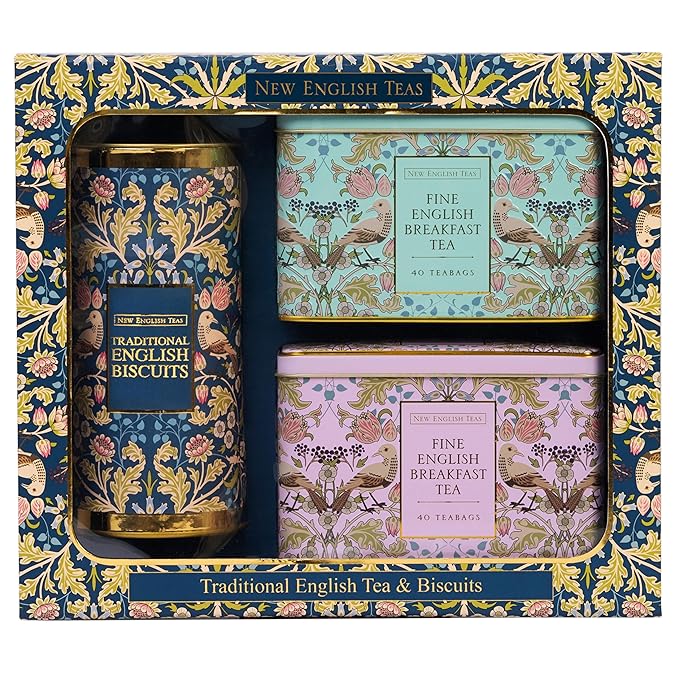 New English Teas Traditional Tea & Cookies Gift Set with 80 English Breakfast Teabags & Cornish Cookies