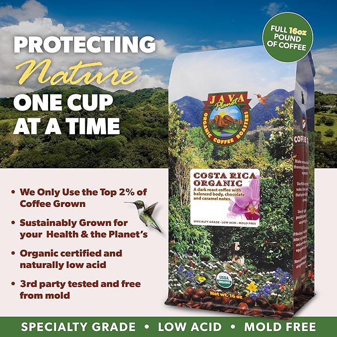 Low Acid Organic Coffee – Whole Bean, Mold-Free & Stomach Friendly by Java Planet, Costa Rican Single Origin Coffee, Dark Roast, Smooth Full Flavored, 5LB Bag