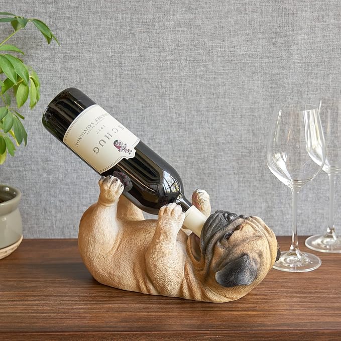 True Pug Polyresin Wine Bottle Holder - Table Top and Counter Wine Rack, Set of 1, Animal Home Decor, Brown, Holds 1 Standard Wine Bottle