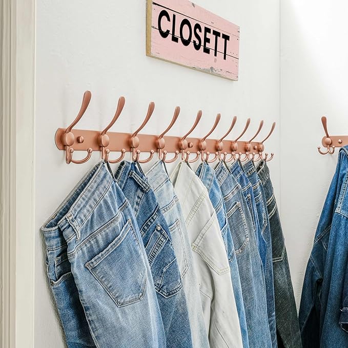 Dseap Coat Rack Wall Mount - 38” Long 10-Tri-Hooks Heavy Duty Coat Hanger Rail Wall Hooks for Hanging Coats Hats Clothing Clothes Purse Mudroom Entryway, Rose Gold