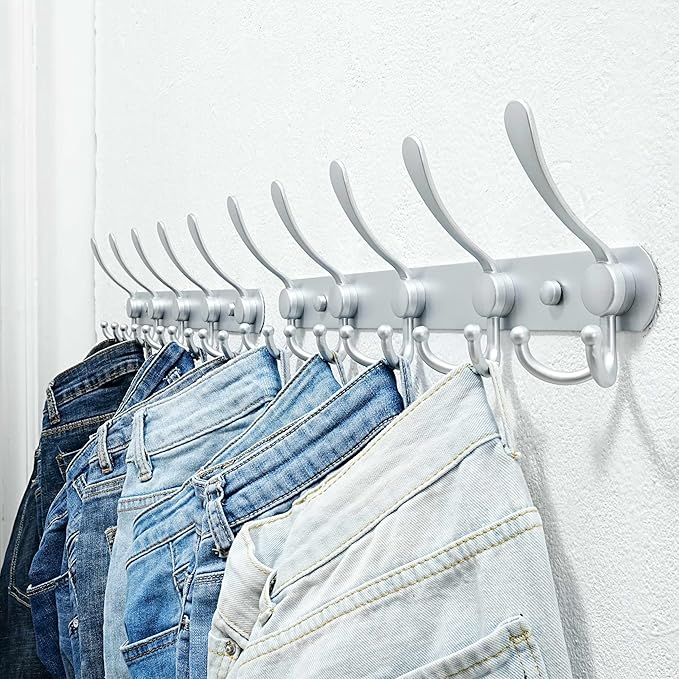 Dseap Coat Rack Wall Mounted - 5 Tri Hooks, Heavy Duty, Stainless Steel, Metal Coat Hook Rail for Coat Hat Towel Purse Robes Mudroom Bathroom Entryway (Silver, Pack of 2)