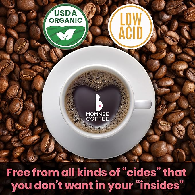 Mommee Coffee Quarter Caf Low Acid Whole Organic Coffee Beans - 100% Arabica Organic 1/4 Caff Coffee Beans with Smooth Caramel Flavor - Natural Process - Medium Roast - 11 oz