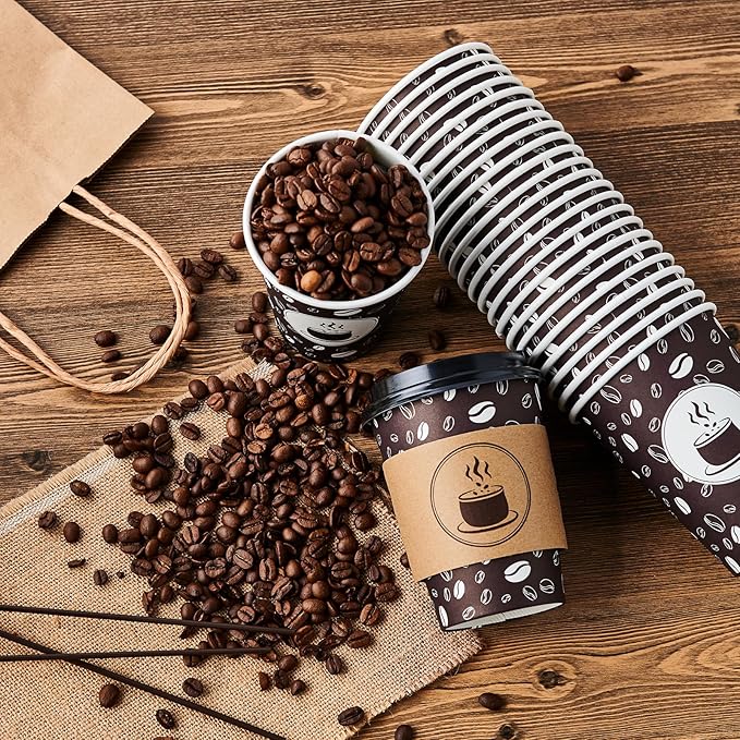 JOLLY PARTY Disposable Coffee Cups with Lids, Sleeves and Straws - 12oz(100 Pack) Paper Coffee Cups with Lids, Hot Cup for Shops, Cafes, and Concession Stands(Dark Brown)