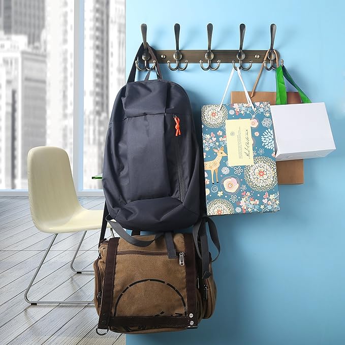 Dseap Wall Mounted Coat Rack - 5 Tri Hooks, Heavy Duty, Stainless Steel, Metal Coat Hook Rail for Coat Hat Towel Purse Robes Mudroom Bathroom Entryway (Bronze, 2 Packs)