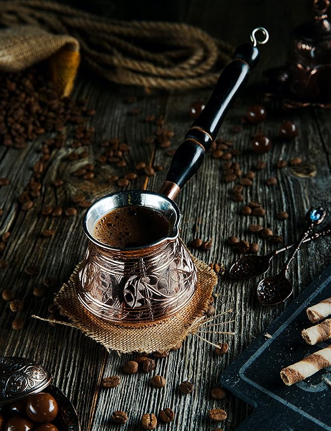 DEMMEX Thickest Copper Turkish Greek Arabic Coffee Pot, Stovetop Coffee Maker, Cezve Ibrik Briki with Wooden Handle & Spoon, Hand Engraved