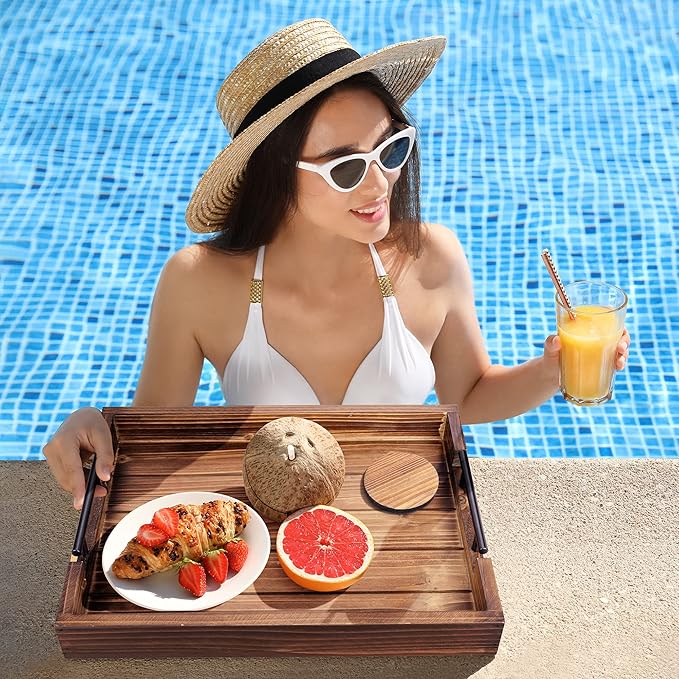 Ottoman Serving Tray | Decorative Coffee Table Tray with Handles – 17x13 Inch Wooden Tray with 4 Coasters for Breakfast, Kitchen & Bar