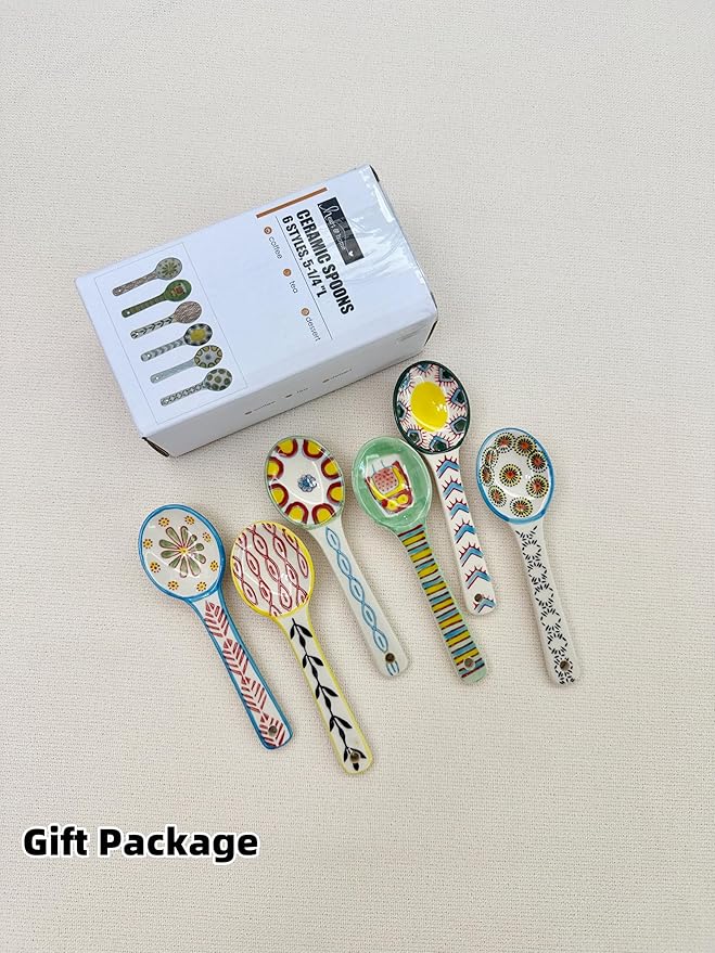 Ceramic Coffee Spoons Set of 6 – Multipurpose Teaspoons for Espresso/Tea/Dessert | Assorted Bright Colors, Lead-Free | Dishwasher/Microwave Safe | Cute Decorative Spoons for Kitchen & Gifts