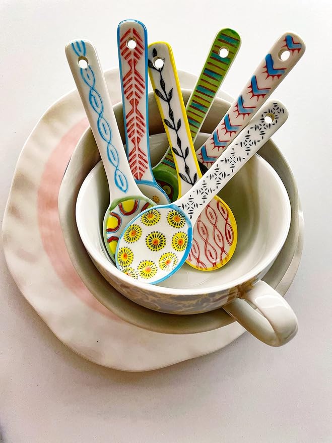 Ceramic Coffee Spoons Set of 6 – Multipurpose Teaspoons for Espresso/Tea/Dessert | Assorted Bright Colors, Lead-Free | Dishwasher/Microwave Safe | Cute Decorative Spoons for Kitchen & Gifts