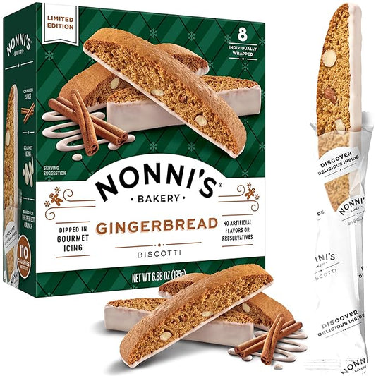 Nonni's Gingerbread Biscotti Holiday Cookies - Gingerbread Cookies - Gingerbread Christmas Cookies w/Almonds & White Icing - Biscotti Individually Wrapped Cookies - Italian Cookies - 6.88 oz