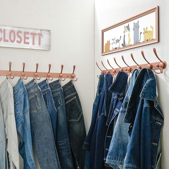 Dseap Coat Rack Wall Mount - 29.5” Long 8-Tri-Hooks Heavy Duty Coat Hanger Rail Wall Hooks for Hanging Coats Hats Clothing Clothes Purse Mudroom Entryway, Rose Gold, Pack of 2