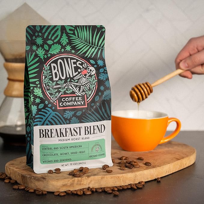 Bones Coffee Company Breakfast Blend, Chocolate, Honey and Dried Fruit Notes, Unflavored Coffee, Medium Roast Low Acid Arabica Beans Compatible with Auto drip and French Press Coffee Maker, 12 Oz Whole Bean