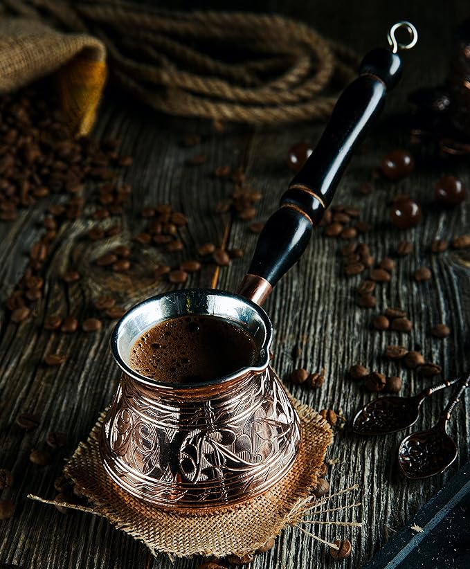 DEMMEX Thickest Copper Turkish Greek Arabic Coffee Pot, Stovetop Coffee Maker, Cezve Ibrik Briki with Wooden Handle & Spoon, Hand Engraved