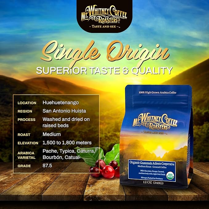 Mt. Whitney Guatemala Adiesto Cooperative Organic, Low Acid Coffee - Ground Coffee (Ground, 12oz)