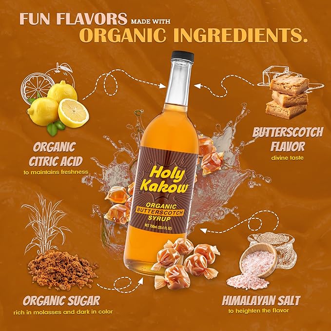 Holy Kakow Organic Butterscotch Syrup - Coffee Syrup, Liquid Sugar Coffee Flavoring Syrup, Cane Sugar Syrup, Liquid Sugar for Iced Coffee, Butterscotch Syrup for Coffee, All-Natural, Non-GMO - 750 ml