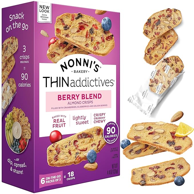 Nonni's THINaddictives Almond Thin Cookies - Berry Blend Almond Cookies - Almond Cookie Thins w/Cranberries Blueberries Goldenberries Raisins Sunflower Seeds - Kosher - 4.4 oz