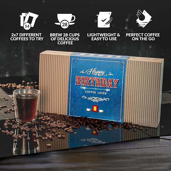 Gourmet Birthday Coffee Gift Set for Men & Women - 14 World's Finest Single Origin Specialty & Organic Coffees in Innovative Brewers | Sampler Box for Coffee Lover to Brew & Enjoy Anytime, Anywhere