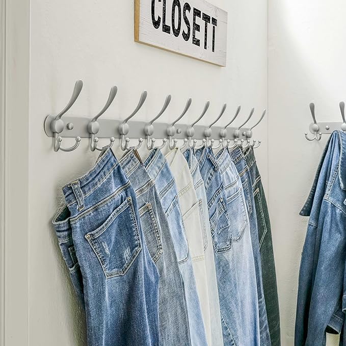 Dseap Coat Rack Wall Mount - 38” Long 10-Tri-Hooks Heavy Duty Coat Hanger Rail Wall Hooks for Hanging Coats Hats Clothing Clothes Purse Mudroom Entryway, Silver, Pack of 2