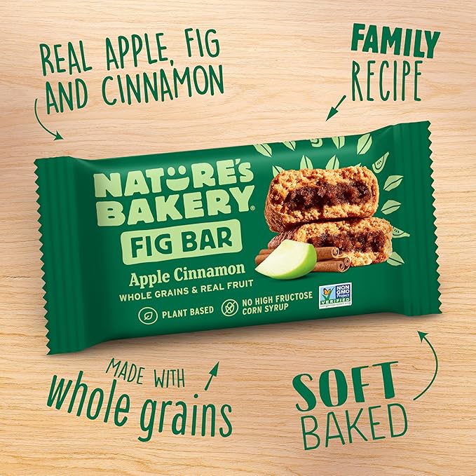 Nature's Bakery Whole Wheat Fig Bars, Apple Cinnamon, Real Fruit, Vegan, Non-GMO, Snack Bar, 1 Box With 12 Twin Packs (12 Twin Packs)