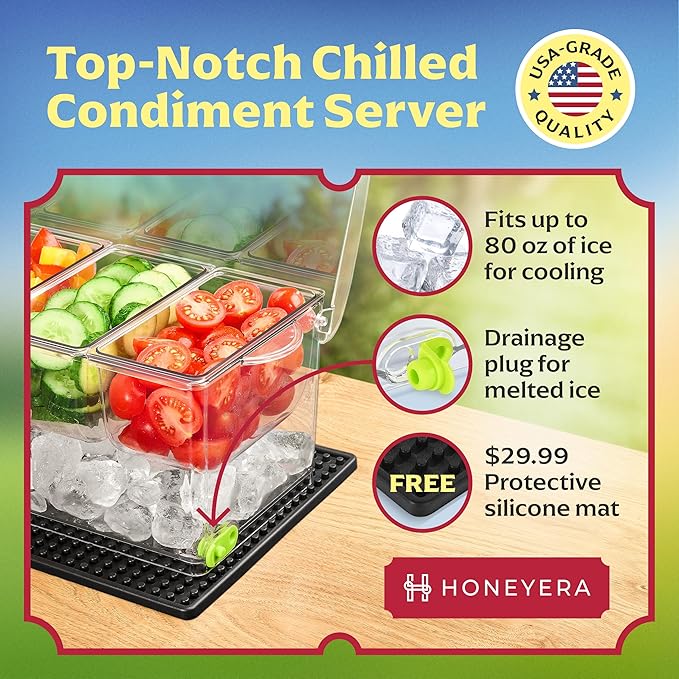 Honeyera Chilled Condiment Server | Hosting Essentials for Up to 80 Oz of Ice | Mimosa Bar Supplies Drain Plug | BPA-Free Taco Bar/Salad Bar | Food-Safe Condiment Caddy (Parent) (Gray, 1 Pack)