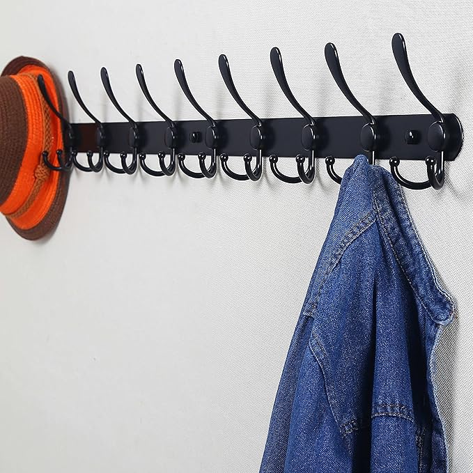 Dseap Coat Rack Wall Mount - 38” Long 10-Tri-Hooks Heavy Duty Coat Hanger Rail Wall Hooks for Hanging Coats Hats Clothing Clothes Purse Mudroom Entryway, Black, Pack of 2