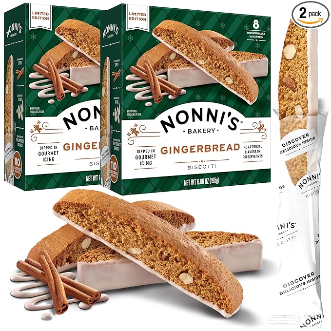 Nonni's Gingerbread Biscotti Holiday Cookies - 2 Boxes Gingerbread Cookies - Gingerbread Christmas Cookies w/Almonds & White Icing - Biscotti Individually Wrapped Cookies - Italian Cookies - 6.88 oz