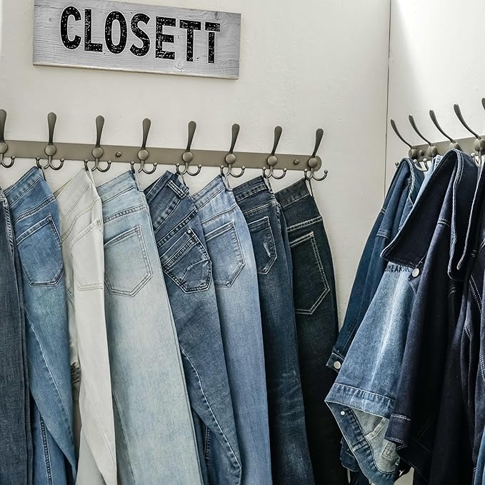 Dseap Coat Rack Wall Mount - 29.5” Long 8-Tri-Hooks Heavy Duty Coat Hanger Rail Wall Hooks for Hanging Coats Hats Clothing Clothes Purse Mudroom Entryway, Gray