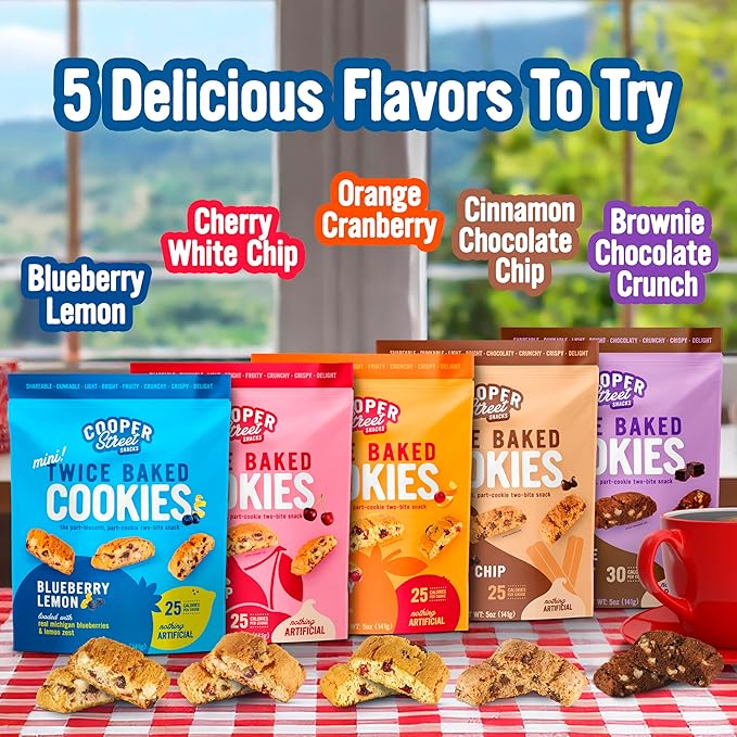 Cooper Street Twice Baked Biscotti Cookies Variety Pack - 5 Pack (5oz Each) - Light and Crispy Coffee Cookies 5 Flavors Assortment - Low-Calorie Snacks for Adults & Kids - Dairy & Peanut Free, Kosher
