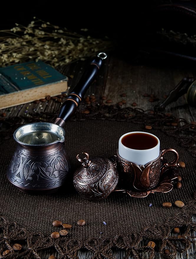 DEMMEX Thickest Copper Turkish Greek Arabic Coffee Pot, Stovetop Coffee Maker, Cezve Ibrik Briki with Wooden Handle & Spoon, Hand Engraved (Antique Copper, 9 Ounces)