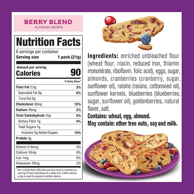 Nonni's THINaddictives Almond Thin Cookies - 6 Boxes Berry Blend Almond Cookies - Almond Cookie Thins w/Cranberries Blueberries Goldenberries Raisins Sunflower Seeds - Kosher - 4.4 oz
