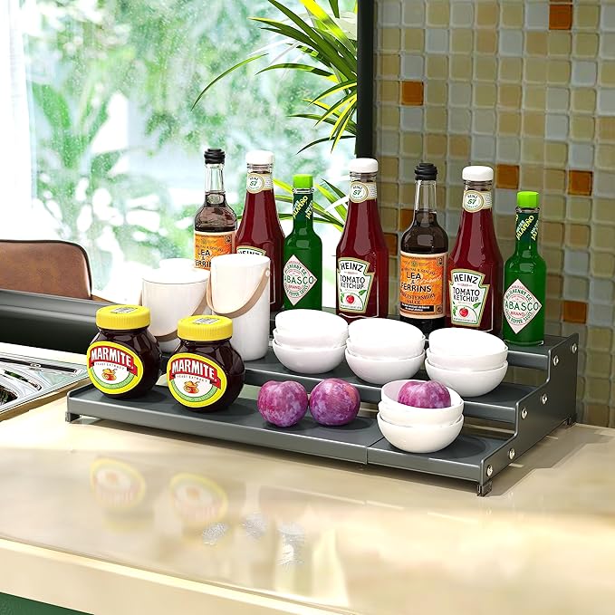 Spice Rack Organizer for Cabinet, 3 Tier Expandable Spices Storage, Great for Kitchen Cabinets, Cupboard,Pantry and Countertop More(Gun-Gray, 1 PACK/GUN-GRAY)