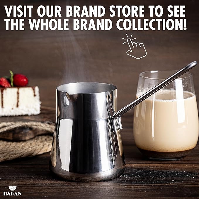 Hakan Topkapı Stainless Steel Turkish Coffee Pot, Greek Arabic Coffee Maker with Spout, Stove Top Coffee Maker in Box, Milk Warmer with Handle, Chai Pot Cezve, Ibrik, Briki (Large - 20.2 oz)