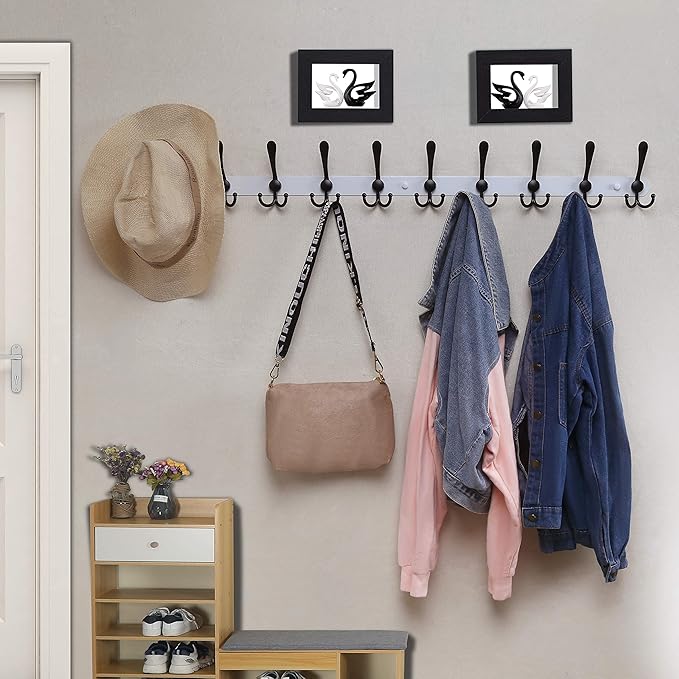 Dseap Coat Rack Wall Mount - 38” Long 10-Tri-Hooks Heavy Duty Coat Hanger Rail Wall Hooks for Hanging Coats Hats Clothing Clothes Purse Mudroom Entryway, White/Black