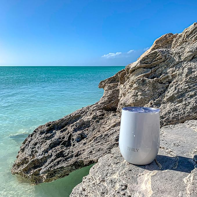 THILY Stainless Steel Insulated Wine Tumbler 4 Pack Stemless Wine Glasses with Splash-proof Lids, Metal Straws, Keep Cold for Coffee, Drinks, Christmas Gifts, Pearl White