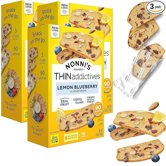Nonni's THINaddictives Almond Thin Cookies - 3 Boxes Lemon Blueberry Cookie Thins - Almond Cookies - Sweet Crunchy & Chewy - Biscotti Individually Wrapped Cookies - Kosher Coffee Cookies - 4.4 oz