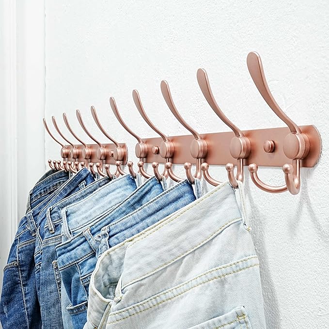 Dseap Coat Rack Wall Mounted - 5 Tri Hooks, Heavy Duty, Stainless Steel, Metal Coat Hook Rail for Coat Hat Towel Purse Robes Mudroom Bathroom Entryway (Rose Gold, Pack of 2)