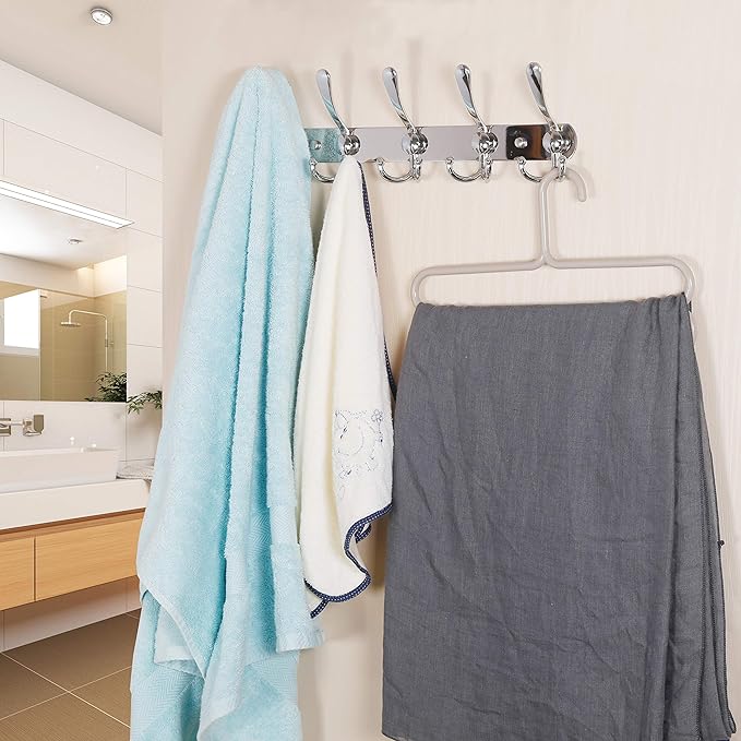 Dseap Coat Rack Wall Mounted - 5 Tri Hooks, Heavy Duty, Stainless Steel, Metal Coat Hook Rail for Coat Hat Towel Purse Robes Mudroom Bathroom Entryway,Chromed