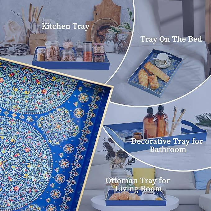 Gifturbo Decorative Tray for Coffee Table with Handles,Plastic Elegant Floral Rectangular Serving Tray for Ottoman,Living Room,Bathroom,Home Decor,Entertaining,2 Handles