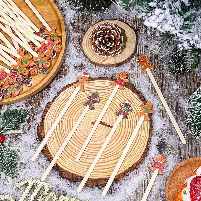 120Pcs Christmas Coffee Stirrers Gingerbread Man Stir Sticks Xmas Wooden Drink Stirrers Disposable for Home Office Bar Restaurant Party Supplies