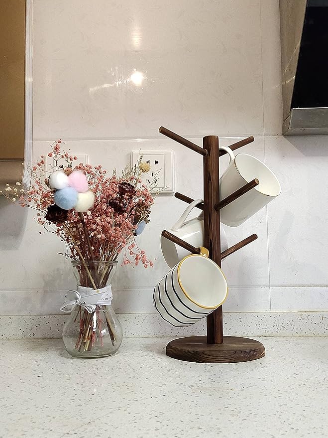 Dorhors Mug Holder Tree,Coffee Cup Holder with 6 Hooks, Wood Mug Rack for Counter,Coffee Bar Accessories and Orgnizer Station(Brown)